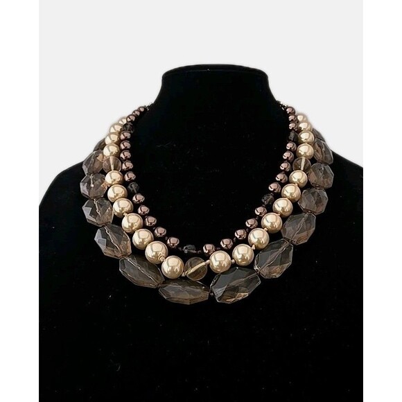 Stella & Dot Triple Strands Faux Glass  Pearl & Acrylic Brown Beads Necklace - Picture 3 of 9